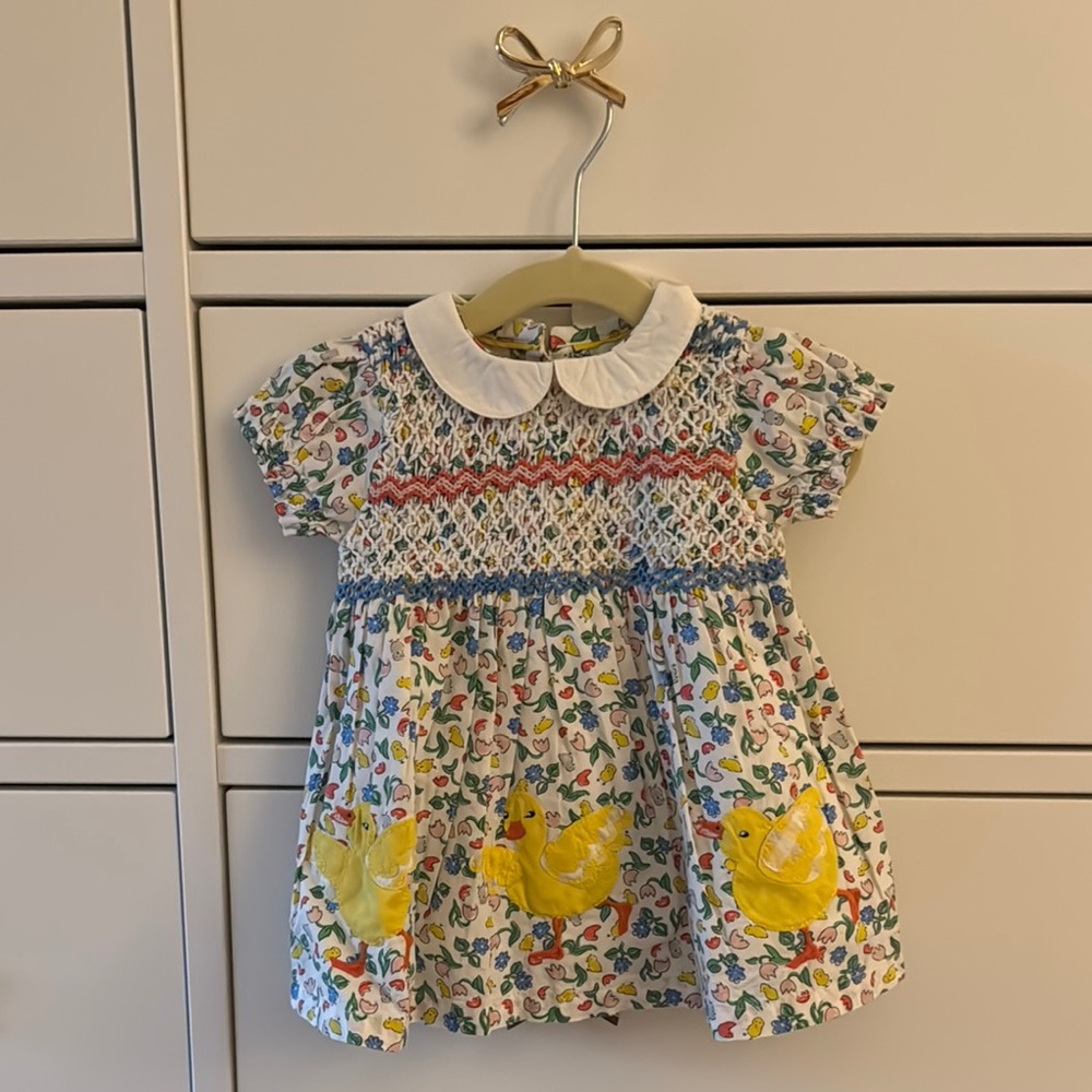Smocked Floral Baby Dress with Bird Print